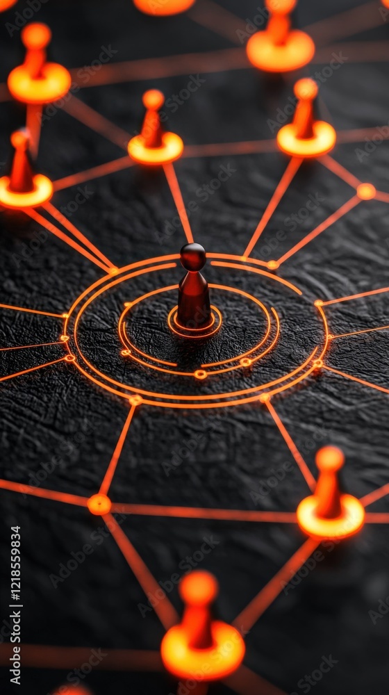 Poster red and orange network connections with pins highlighting central figure on dark texture background