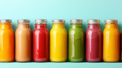 Vibrant Array of Colorful Smoothies Placed in Perfect Row with Fresh Fruits and Vegetables Surrounding Them Creating a Refreshing Healthy Delightful Scene in Bright Natural Lighting