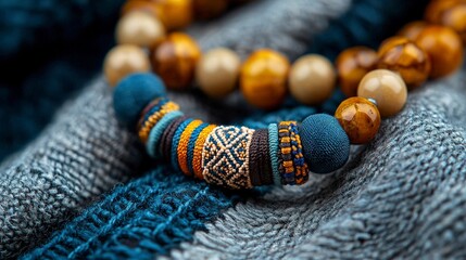 Fototapeta premium Colorful Handmade Beaded Necklace with Unique Textile and Wooden Accents on Cozy Knit Background