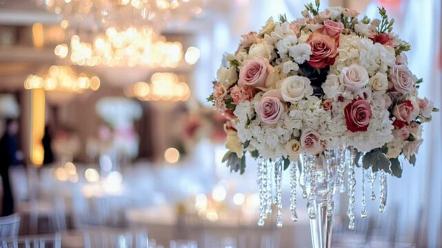 Elegant Wedding Centerpiece: A stunning floral arrangement, a symphony of white, pink, and red roses, sits atop a crystal-clear vase adorned with shimmering crystal beads.,  4k video
