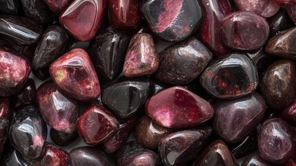 Natural gemstones in various shades of deep red and black arranged in a textured display showing their smooth surfaces. Generative AI