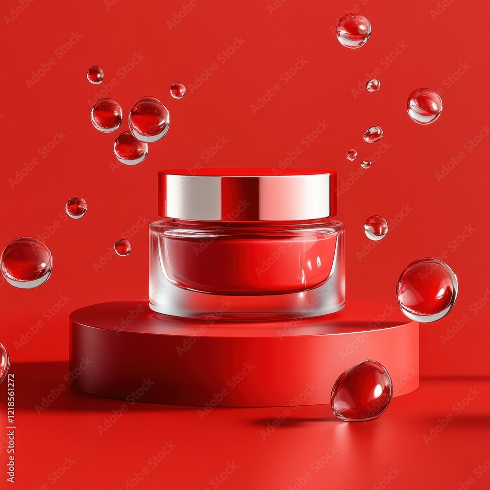 Poster bright red cosmetic jar displayed on a vibrant red surface with floating bubbles in an artistic arra