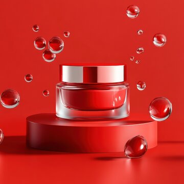 Bright red cosmetic jar displayed on a vibrant red surface with floating bubbles in an artistic arrangement. Generative AI