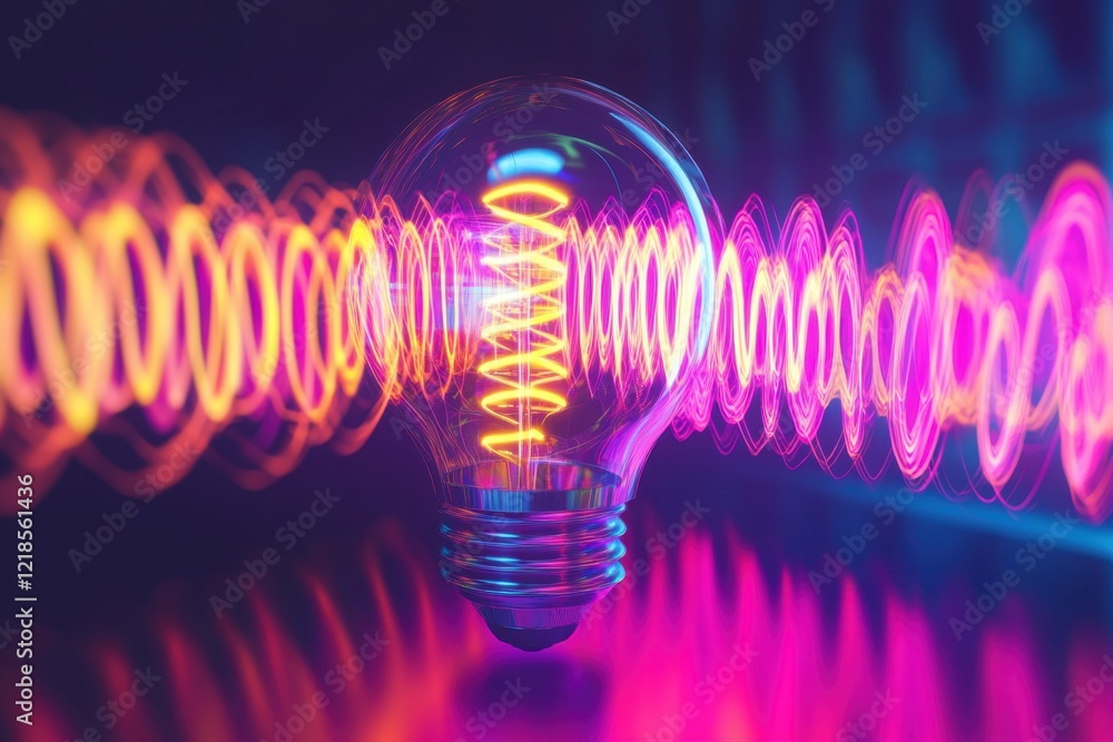 Poster vibrant light bulb surrounded by colorful wave patterns in a dark setting