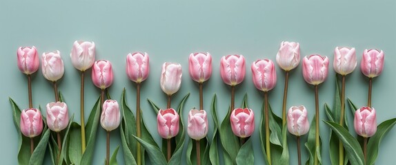 Pink tulips with lush green leaves arranged on a plain soft mint background