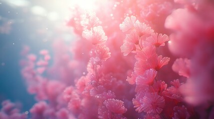 Pink blossoms, sunlit garden, bokeh background, spring