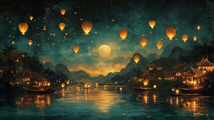 Serene Yi Peng Lantern Festival invitation card showcasing glowing lanterns floating over a peaceful river with intricate Thai patterns and a blank oval section in the center for personalized messages