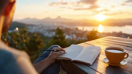 Tranquil Sunset Writing Reflection on Notepad with Coffee in Serene Outdoor Setting