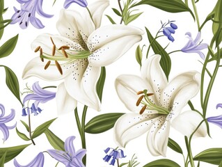 Fototapeta premium A Seamless Pattern of White Lilies with Brownish-Red Stamens and Dark Green Leaves on a Dark Blue Background