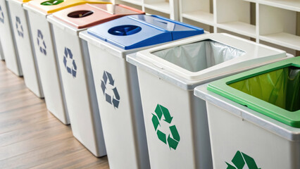 Neatly organized recyclable waste bins in various colors for sorting