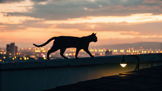 stray cat walks on rooftop at sunset, silhouetted against city lights