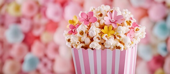 Colorful popcorn box with floral embellishments, perfect for cinema lovers.