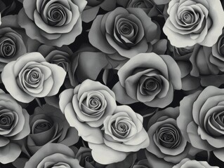 A Seamless Pattern of White Roses with Gray Shading and Black Background