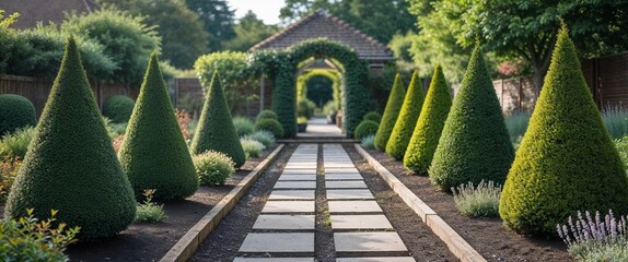 Simple cone shaped bushes evenly spaced along the garden pathway