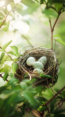 Fototapeta premium Close-up of a Bird's Nest with Speckled Eggs Cradled in the Branches of a Lush Green Tree, Bathed in Gentle Sunlight