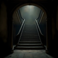 A dark, shadowy staircase ascends into the dimly lit interior of a grand building, flanked by an archway and flanked by columns, with a light source at the top.