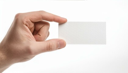 Obraz premium Male hand holding a blank card or a ticket/flyer, isolated on white background
