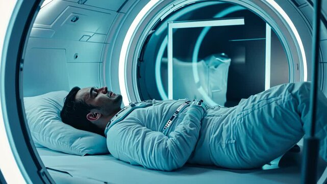 Astronaut Resting in Cryosleep Pod: A Futuristic Space Travel Scene