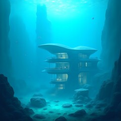 The image depicts a modern underwater house with three floors and a curved roof, situated within an underwater canyon surrounded by rocks and water.