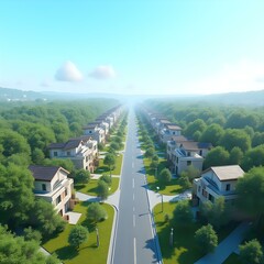 The image depicts an aerial view of a residential neighborhood with rows of houses, trees lining a tree-lined road, and a hazy atmosphere in the distance.
