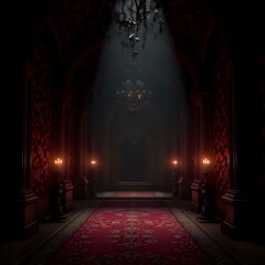 An interior hallway with a long red carpet, flanked by candle-lit columns and a grand chandelier, bathed in a mysterious atmosphere.