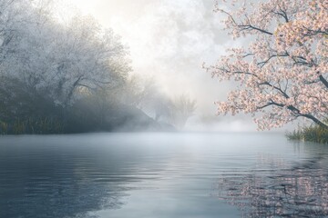 Fototapeta premium Serene Cherry Blossom Lake Sunrise Landscape Spring Nature
