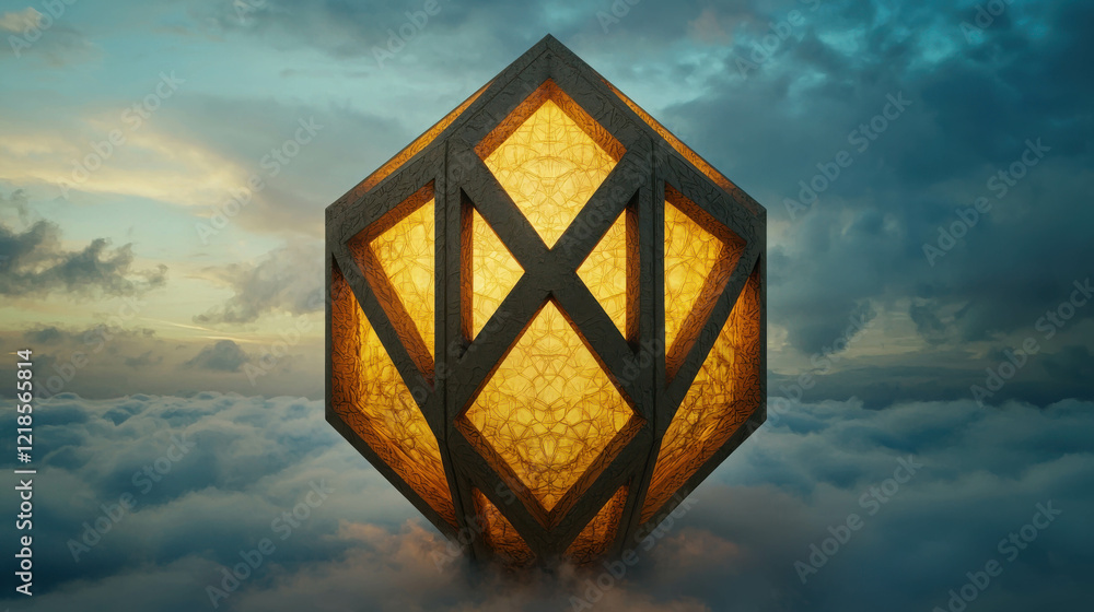 Poster surreal floating geometric temple with interlocking shapes in a dreamlike cloudscape