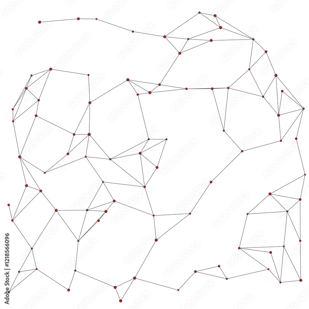 Aufkleber Isolated network visualization: red nodes linked by black lines creating irregular pattern. Abstract composition of interconnected data points. Complexity, organization, structure.
