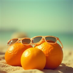 The image features two oranges and a pair of sunglasses on a sandy beach, with the ocean visible in the background under a clear sky.