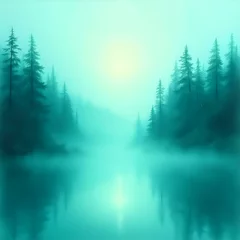 Gordijnen The image depicts a serene landscape with a tranquil lake surrounded by a dense forest, illuminated by the soft glow of the sun and a gentle mist. © Majibar