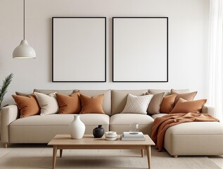 Modern living room interior mockup. Wall poster frame design. House background. 3D render.