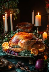 A Beautifully Arranged Thanksgiving Feast with a Glazed Turkey Surrounded by Fresh Fruits, Candles, and Seasonal Decor for a Warm Holiday Atmosphere
