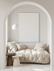 Wall poster mockup in a modern living room. Interior frame design. House background. 3D render.