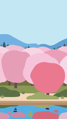 봄을 담은 핑크 벚꽃과 자연 풍경 배경 일러스트