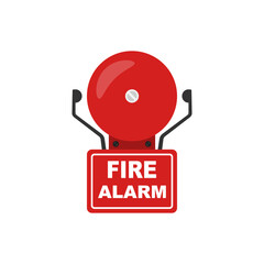 Red fire alarm bell on the white background. Fire alarm system. Safety equipment. Emergency, warning bell. Signalization. Firefighter equipment. Vector illustration flat design.