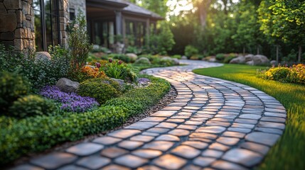 Obraz premium Sunlit stone path winding through lush garden landscape.