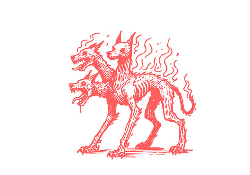 Cerberus three-headed dog hand drawn sketch vector
