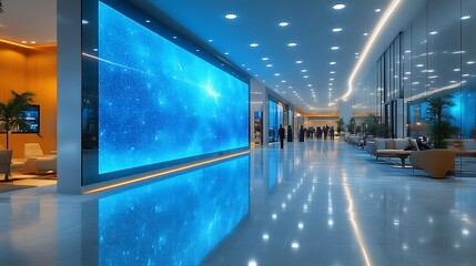 Futuristic lobby with large digital display.