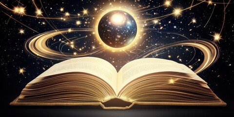 An open book illuminates a cosmic scene, with a glowing orb surrounded by rings, symbolizing knowledge and the universe's mysteries.
