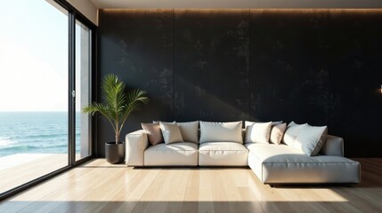 Coastal Modern Living Room Interior Design with Sectional Sofa and Ocean View