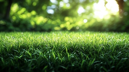 Naklejka premium Lush green grass illuminated by sunlight, blurred forest background.