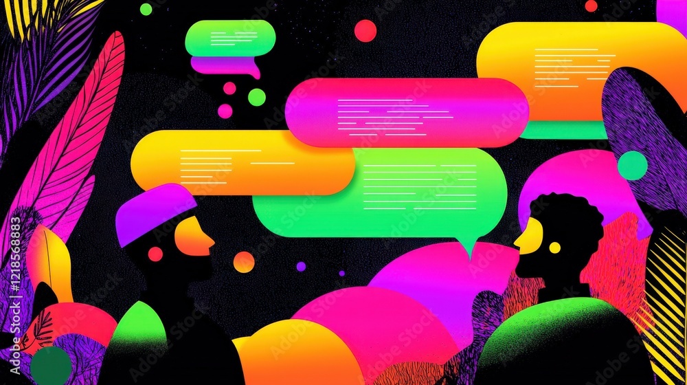 Poster colorful digital communication scene with stylized characters and text bubbles on black background