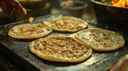A detailed shot of puran poli being cooked on a hot griddle, with the camera focusing on the process 