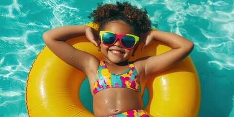A joyful child relaxes in a bright yellow inner tube, wearing colorful sunglasses, enjoying a sunny day by the pool.