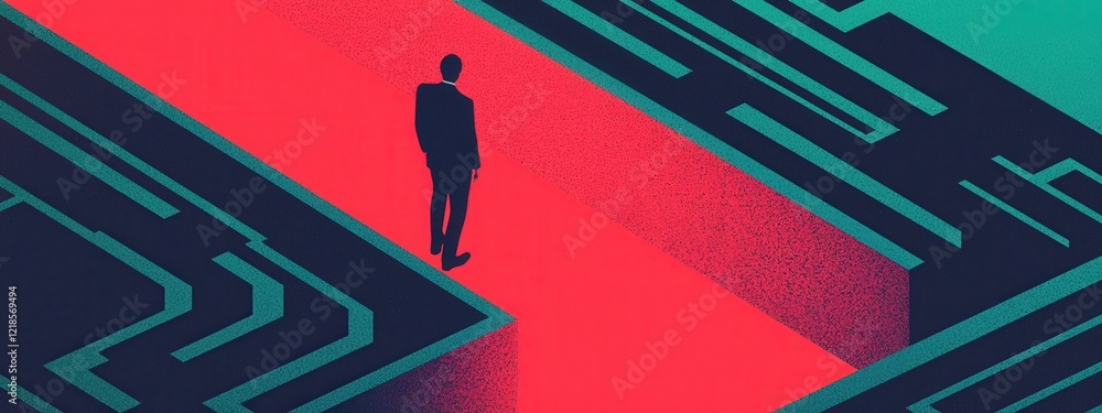 Poster abstract representation of a man navigating a vibrant maze with contrasting colors and geometric pat