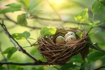 Fototapeta premium Close-up of a Bird's Nest with Speckled Eggs Cradled in the Branches of a Lush Green Tree, Bathed in Gentle Sunlight