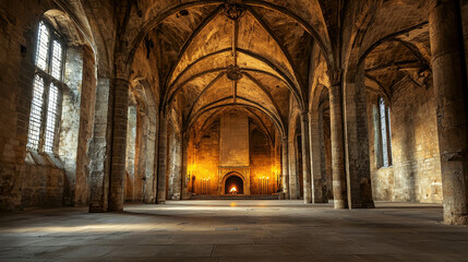 Obraz premium Vast Medieval Hall with Towering Stone Pillars and Warm Ambient Lighting