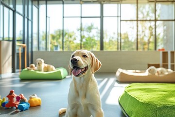 A happy Labrador playing in a spacious, luxurious pet boarding facility with colorful toys, soft beds, and other dogs nearby
