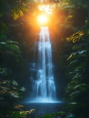 Sunlit Waterfall in Lush Jungle.