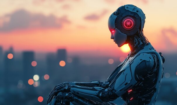 Futuristic Female AI Robot with Complex Digital Interface Contemplating at Dusk, Concept of Artificial Intelligence, Cybernetics, High-Tech Innovation, and Human-Robot Interaction, Generative AI